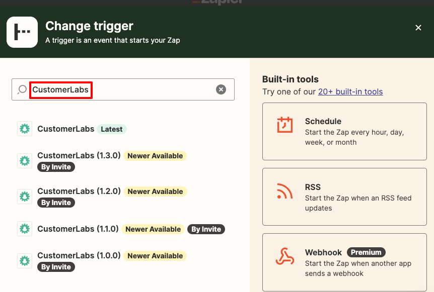 Zapier app dashboard showing the versions of CustomerLabs CDP App API