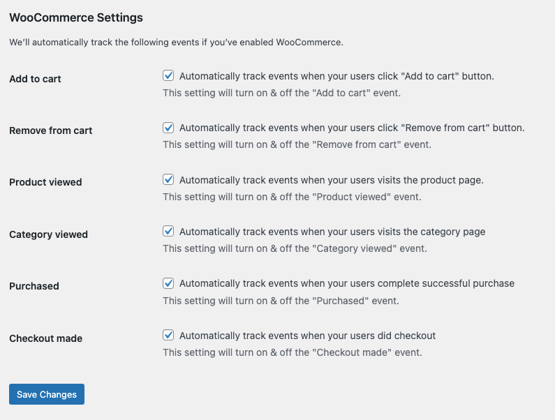 WooCommerce settings inside the CustomerLabs CDP plugin 

The events shown are add to track automatically track events when users click on that button. 
Same settings and tick box for remove from cart, product viewed, category viewed, purchased, checkout made