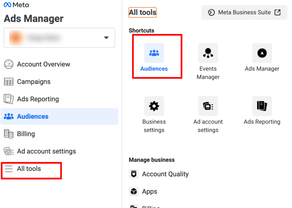 Audiences in Meta Ads manager All tools 