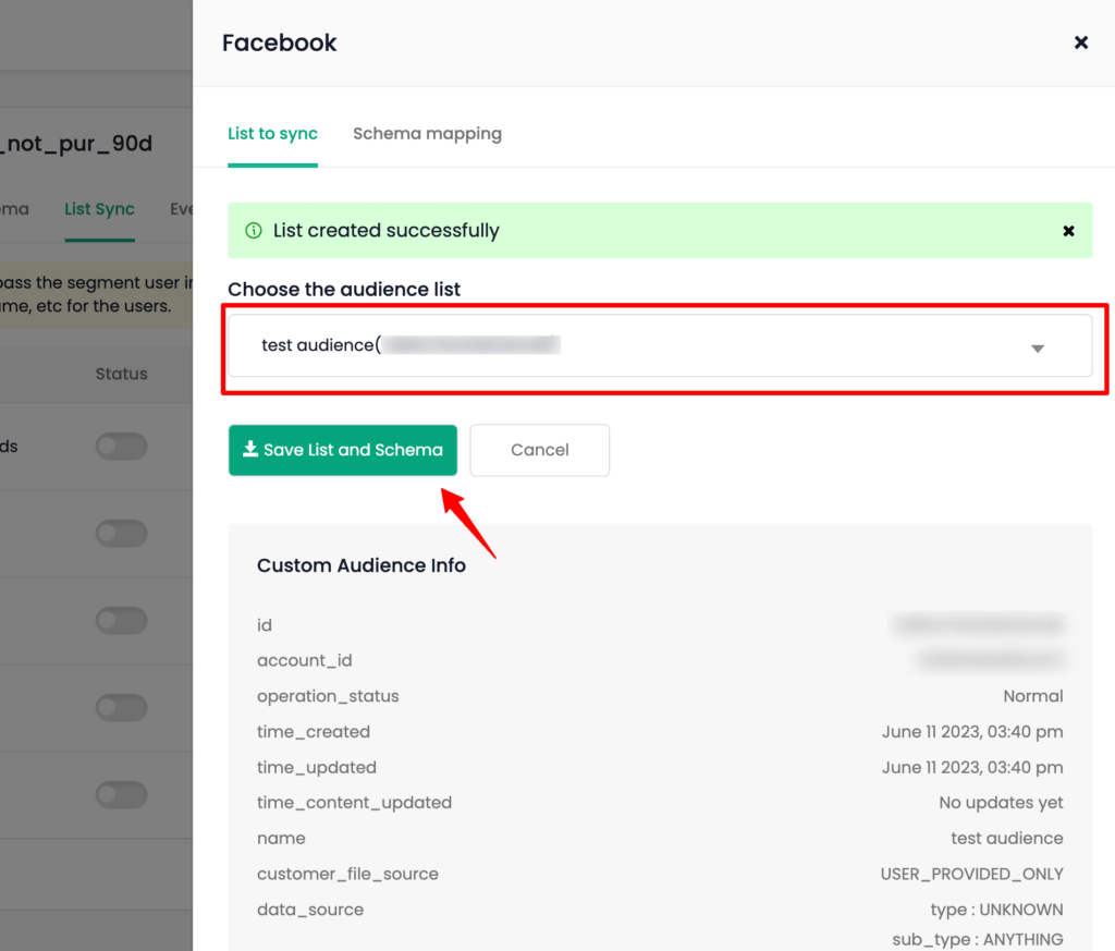 List sync audience in meta Ads through CustomerLabs Facebook integration