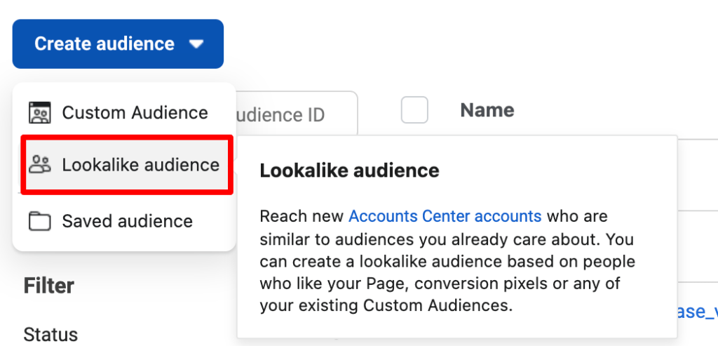 Lookalike audience creation option in Meta Ads