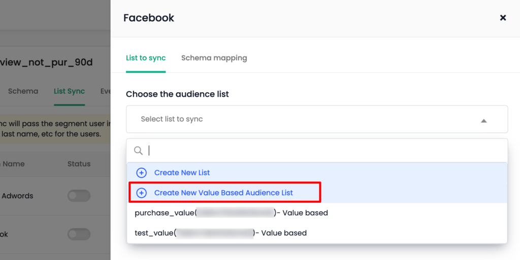 Creating new value based audience list in Meta Ads through CustomerLabs CDP