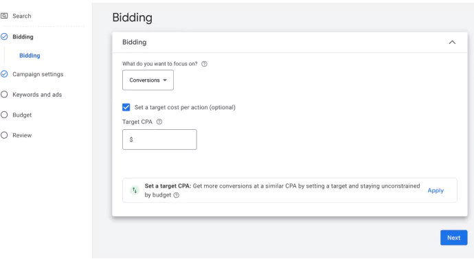 Screenshot from Google Ads showing how target CPA option is available in the Maximize Conversions bid strategyl