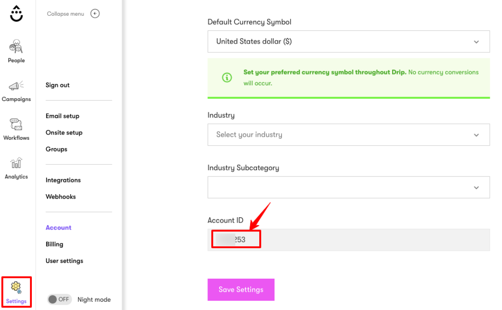 Account ID in Drip Dashboard