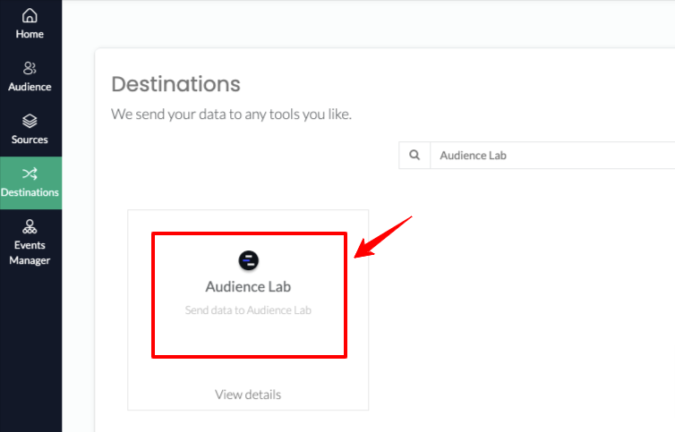 search audience lab in the destinations of CustomerLabs CDP app dashboard