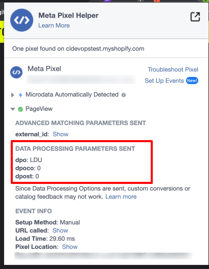 Meta Pixel helper showing the data processing parameters sent for LDU.