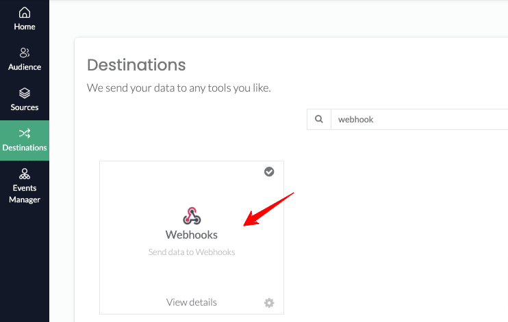 webhooks integration destination in CustomerLabs CDP App dashbaord