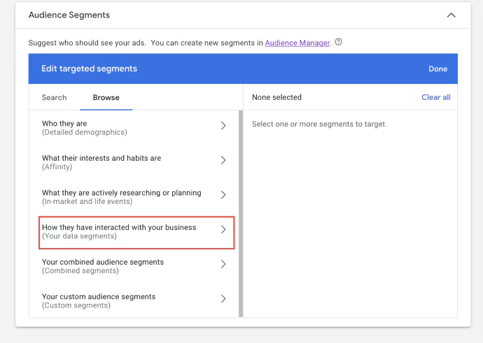 Screenshot from Google Ads showing Audience Targeting and segment options inside the Campaign setup to narrow down the targeting to find the right audience. 