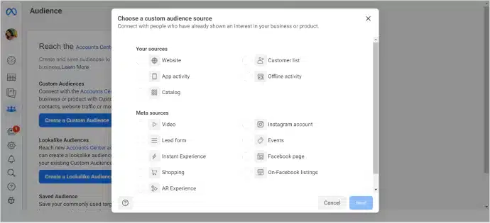 Screenshot of Custom Audience options with which marketers can make use of. This helps you target your audience in the right way on Facebook Ads. These audiences are those who have already shown interest in your businesses or products. 