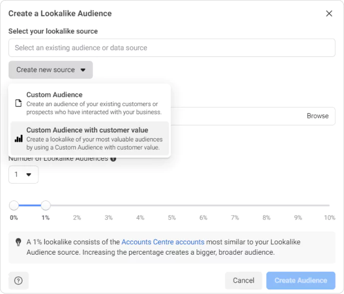 Screenshot of lookalike and value-based lookalike options with which marketers can make use of. This helps you target your audience in the right way on Facebook Ads. These audiences posses similar characteristics or traits of your existing customers. 