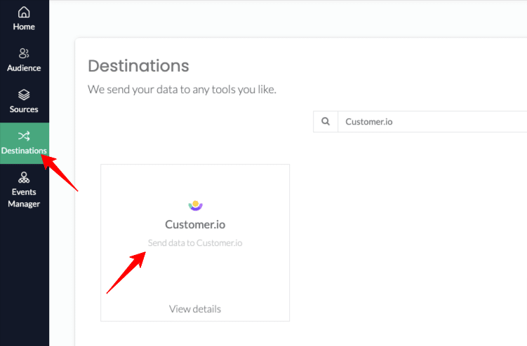 Destinations tab in Customerlabs CDP showing customer.io