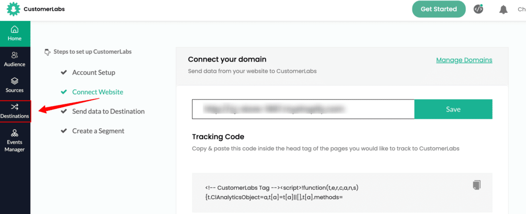 CustomerLabs CDP dashboard with destinations shown and tracking code to track all the website events