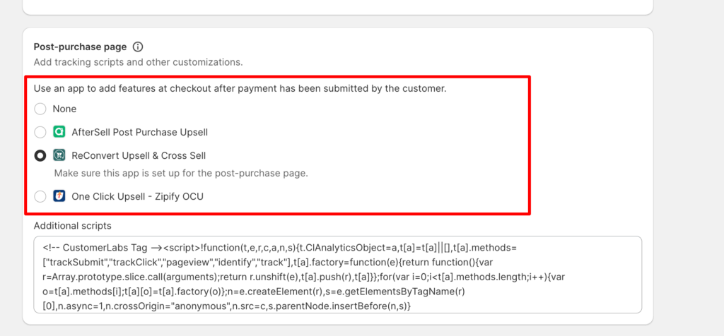 Shopify store showing post-purchase page script to be added. 
Integrate Shopify Store with CustomerLabs CDP using the additional script for post purchase page tracking