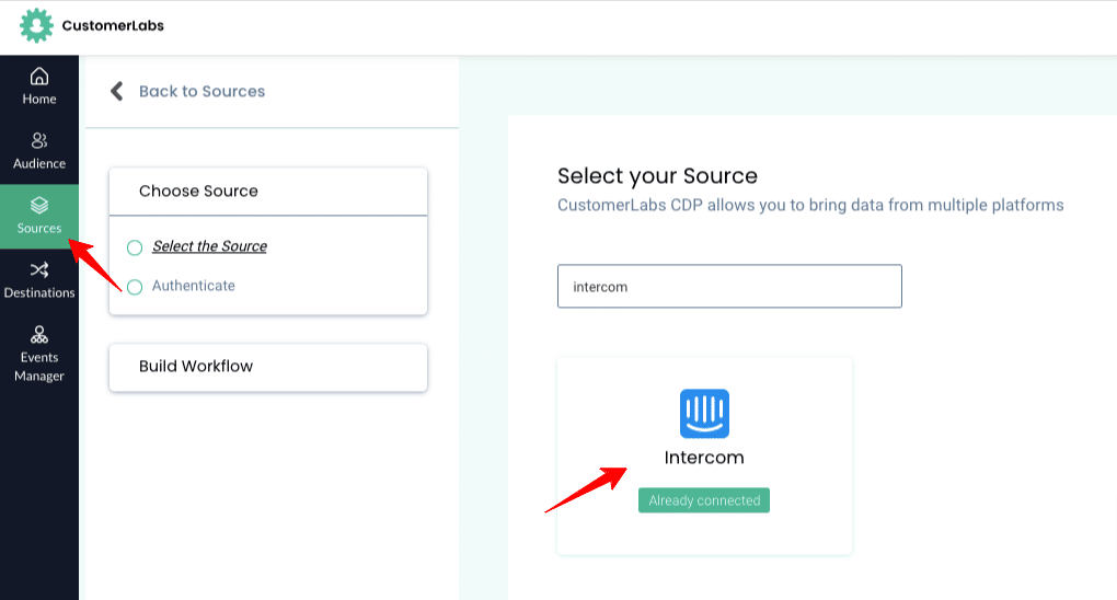 Intercom Source integration with CustomerLabs CDP App screen