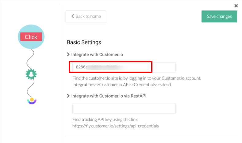 Integration configuration settings of Customer.io and CustomerLabs CDP integration.