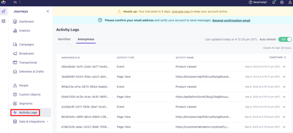 Customer.io dashboard showing activity logs with data integration between CustomerLabs and Customer.io with Anonymous user data