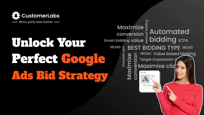 The blog banner consists the title Unlock Your Perfect Google Ads Bid Strategy out of all the available types of bidding strategies in Google Ads. It also shows the various types of bidding strategies in Google Ads names in a puzzled way with a lady showing them. Maximize Conversions, Maximize COnversion Value, Smart Bidding, Automated Bidding, Manual Bidding, tROAS, tCPA, enhanced CPC, eCPC, Target Impression Share, Viewable Impressions, viewable CPM, and more
