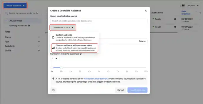Screenshot showing how to create value based lookalike audience using value based custom audience