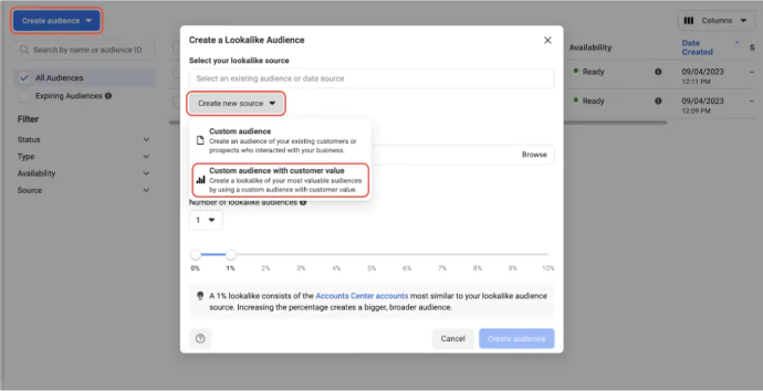 Screenshot showing how to create value based lookalike audience using value based custom audience