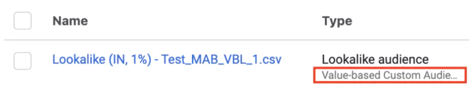 Screenshot showing Value based lookalike audience created