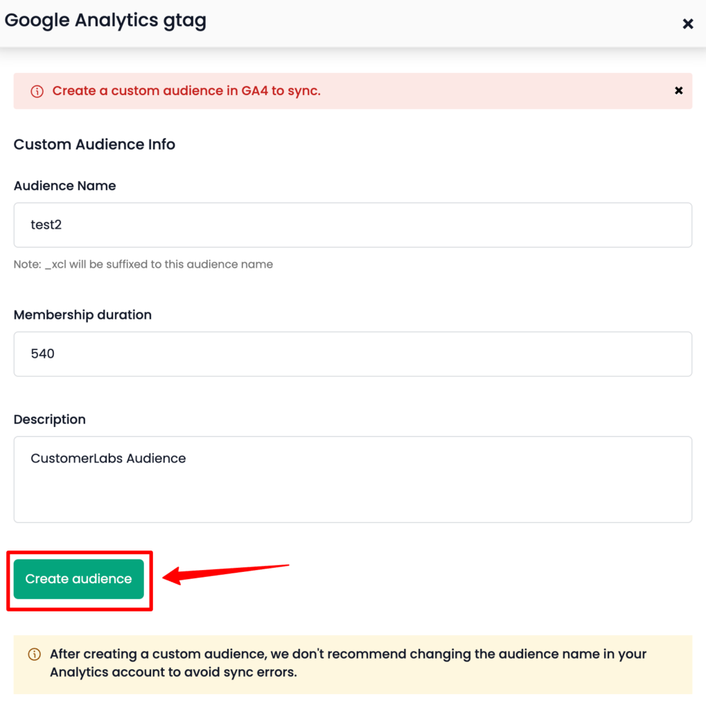 Creating custom audience to send to GA4 from CustomerLabs CDP