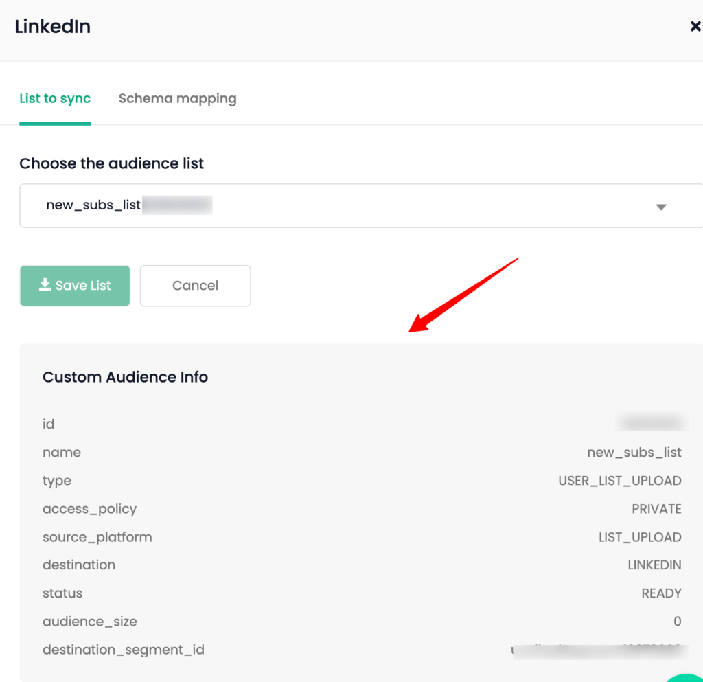 Custom audience info for LinkedIn audience list created