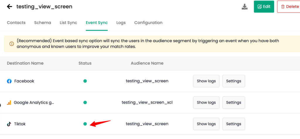 Audience event sync dashboard with TikTok event sync integration active for the CustomerLabs CDP account