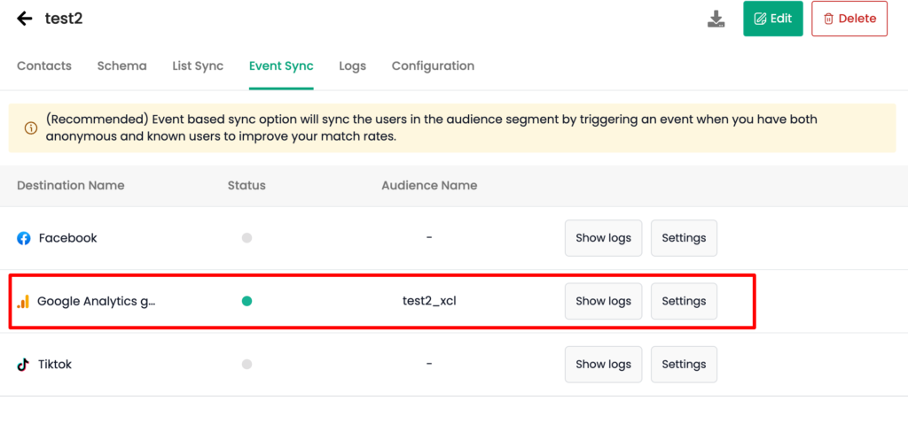 GA4 custom audience event sync from CustomerLabs CDP 