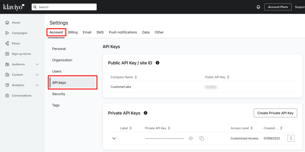 Klaviyo account settings showing API Keys with Public API Key /site ID 