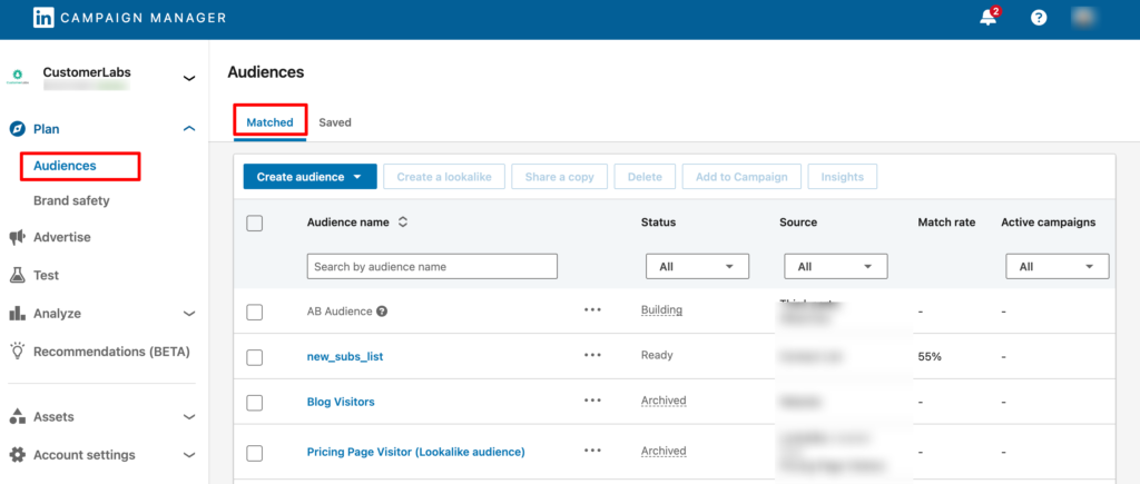 LInkedIn Ads campaign manager showing all the audiences and matched audiences