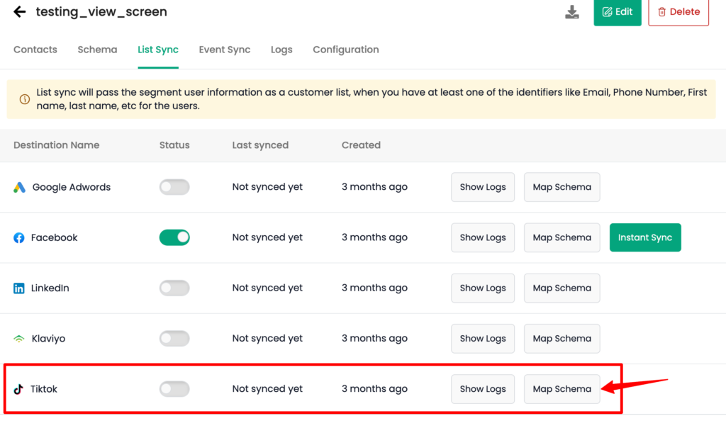 TikTok Audiences Map SChema button in CustomerLabs CDP