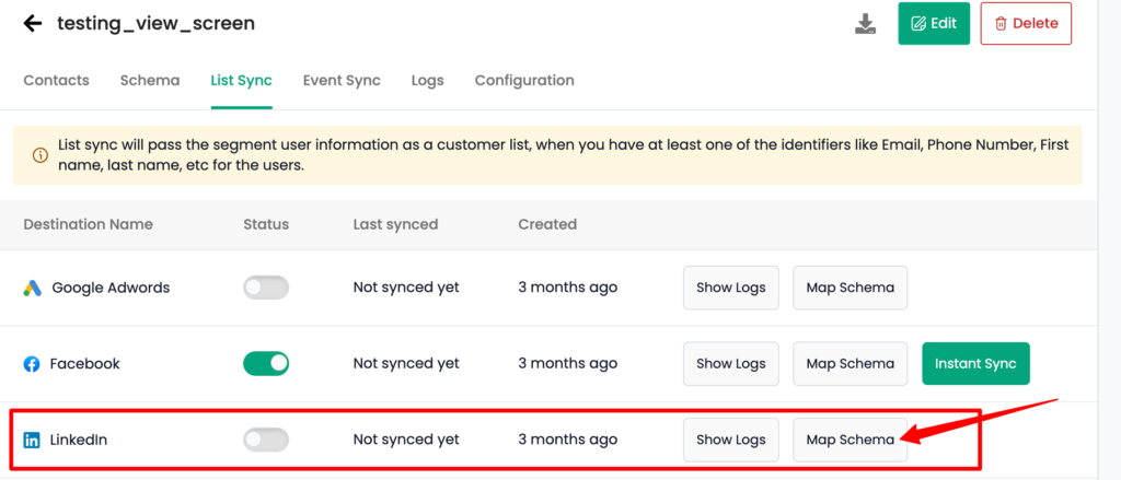 LinkedIn Schema Mapping to sync audience from CustomerLabs CDP