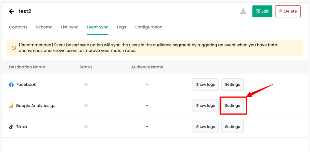 Delete audience in GA4 directly from CustomerLabs CDP 