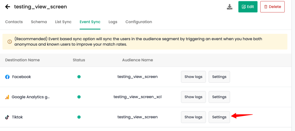 Settings for TikTok Audience sync from CustomerLabs CDP to TikTok