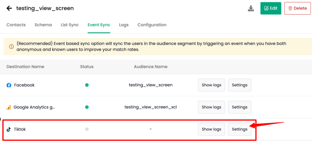 Event sync dashboard showing audience sync for TikTok