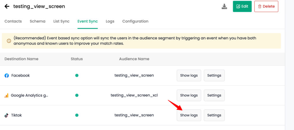 Show logs button for TikTok integration and audience sync