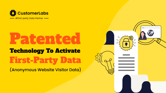 The image is a blog banner with the title Patented Technology to Activate First-party data ( (including anonymous website visitor data)