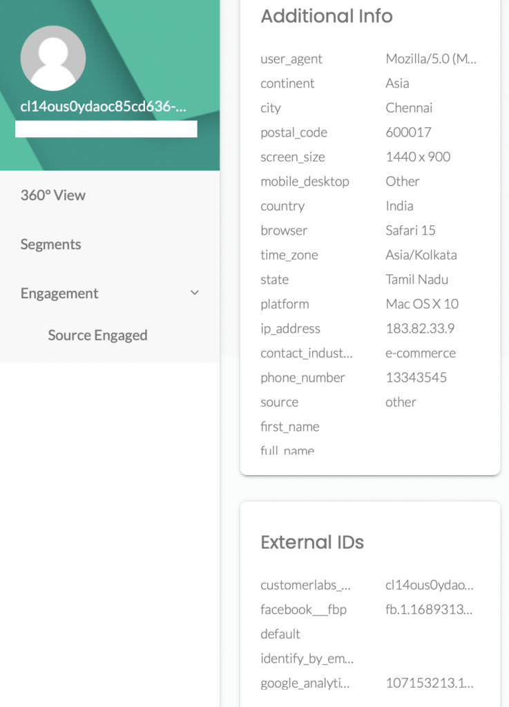 The screenshot shows the 360-degree profile of a user in the customerlabs App.