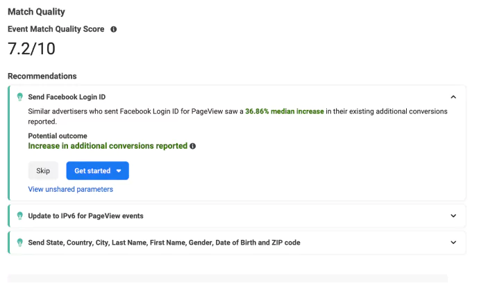 Meta's event match quality score report where it recommends what to do to improve EMQ