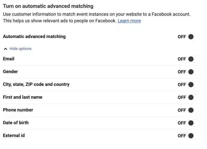 Advanced Matching turn on setting in Facebook in Events Manager settings
