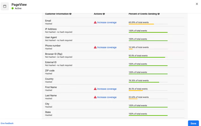 FB EMQ score for Page view and the list of events and how much percentage are they matched with Meta Account center.