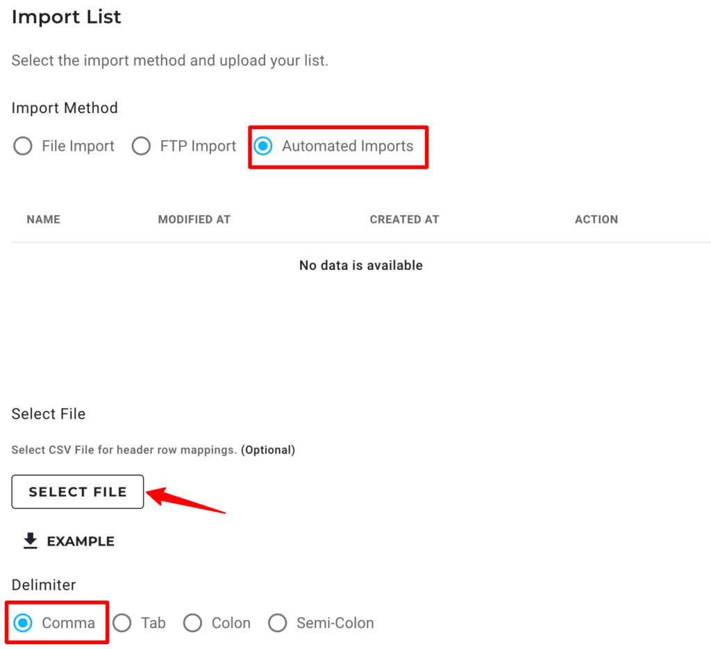 settings for import