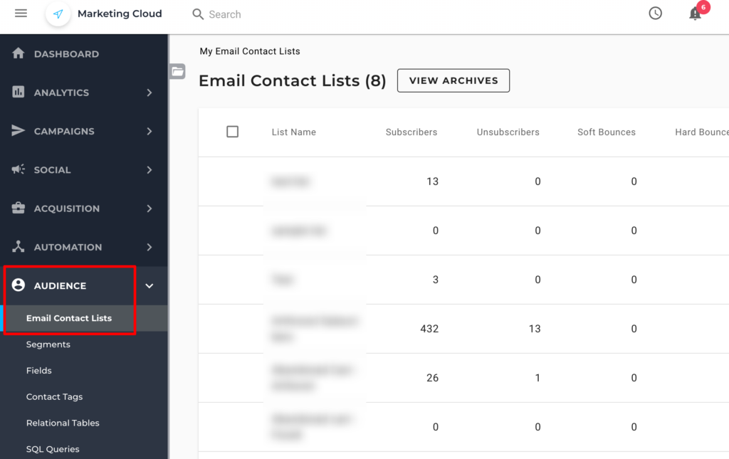 email contact list inside Maropost dashboard. 