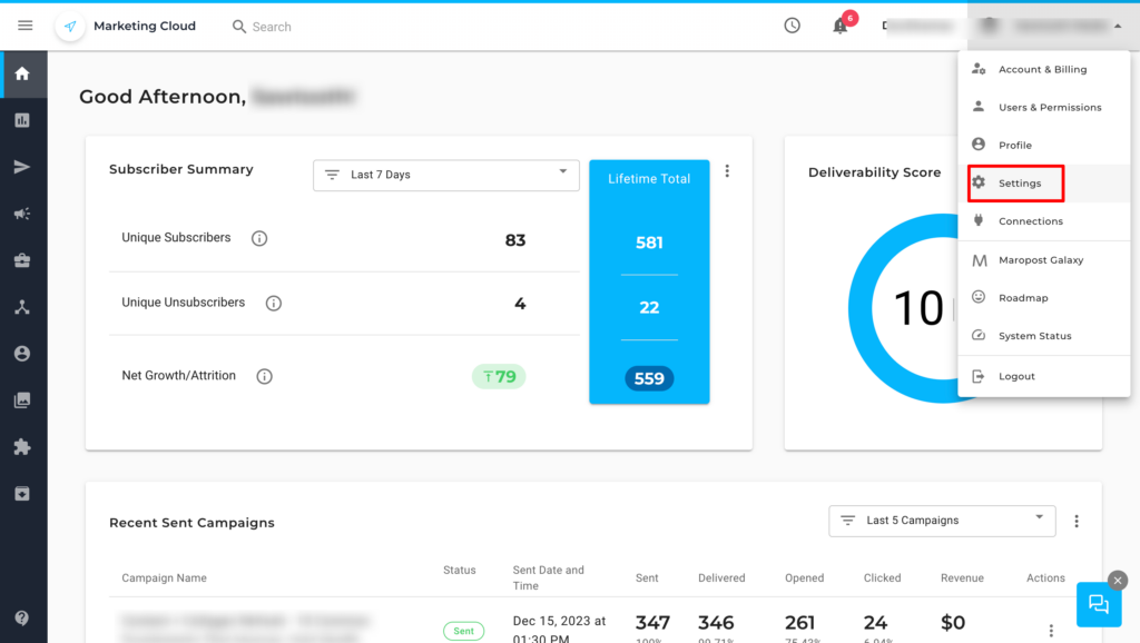 maropost settings in the Maropost Marketing Cloud dashboard