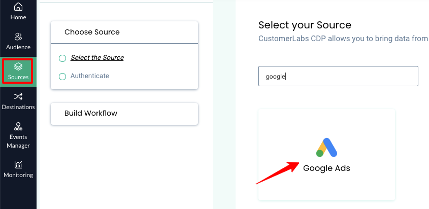 google ads as source in CustomerLabs CDP app dashboard