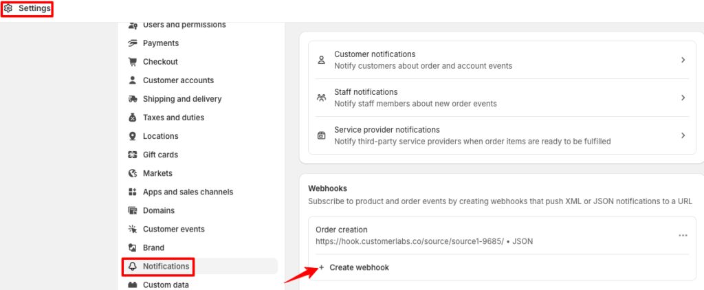 create webhook in shopify in the settings, Notifications and create webhook.