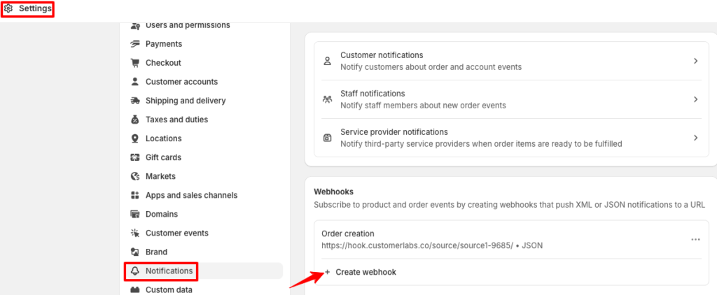 create webhook in shopify