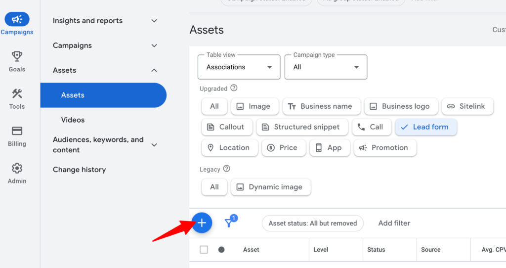 create lead form in Google Ads in the assets > Lead form