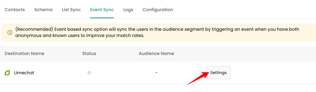 Event sync dashboard inside Customerlabs showing Limechat destination settings button to see event sync details.