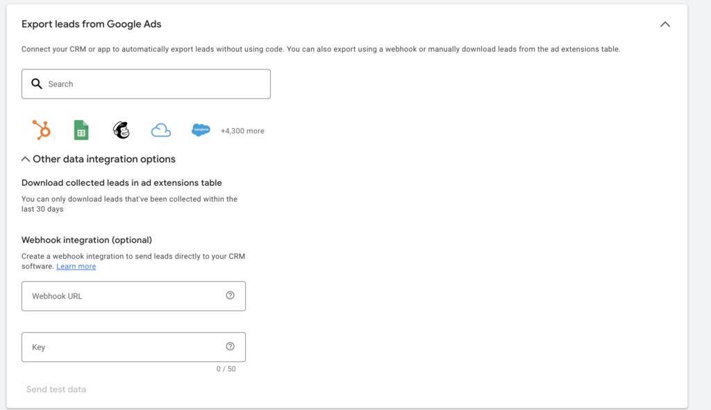 export lead data in Google Ads showing direct integration or using webhook URL